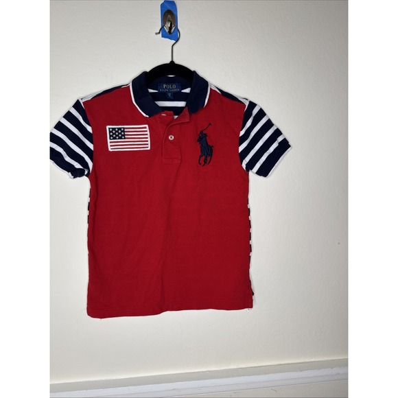 Polo Ralph Lauren Large PONY Polo logo USA Flag patch Shirt Boy 8 Red White Blue - Picture 1 of 8
